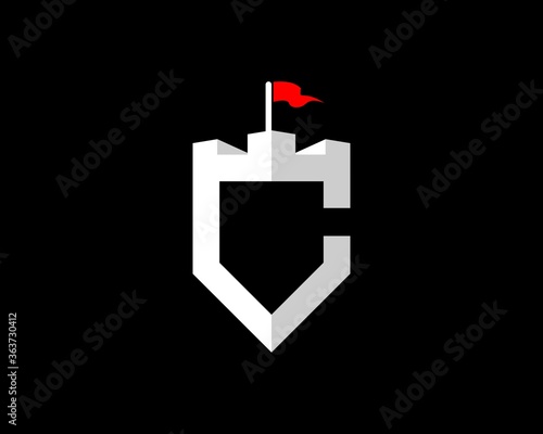 Obraz na plátně Outline fortress and flag with C letter initial