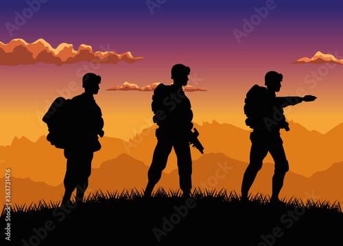 military soldiers silhouettes figures in the camp sunset scene