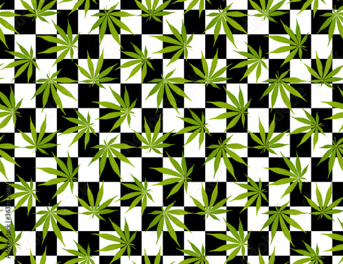Marijuana leaf and green seamless pattern Black and white square color background.