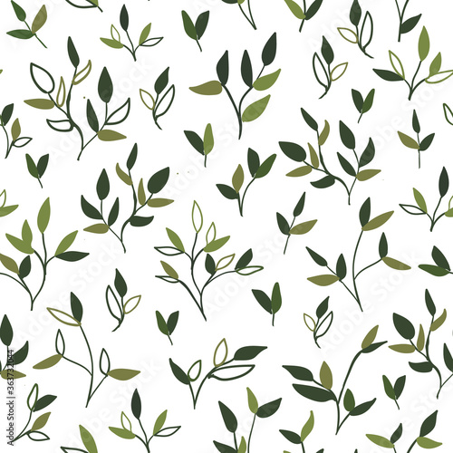 Green branches and leaves, handmade vector illustration seamless pattern