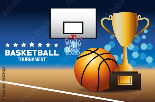 basketball sport poster with balloon and trophy in court