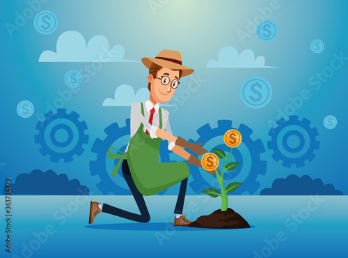 businessman cultivating money plant character