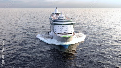 Aerial point of view of the cruise tourist liner in open water, flying around. Stock photorealistic 3d animation. Front part ship sailing in ocean.