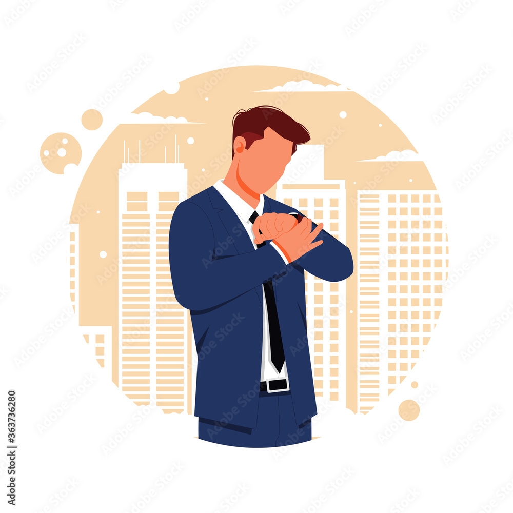 Obraz premium a portrait of a businessman looking at a watch, flat design concept, vector illustration