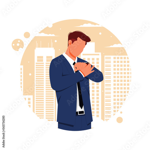 a portrait of a businessman looking at a watch, flat design concept, vector illustration