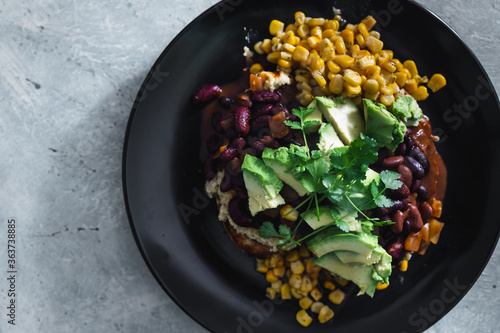 plant-based food, vegan mexican-inspired beans corn and avocado toast