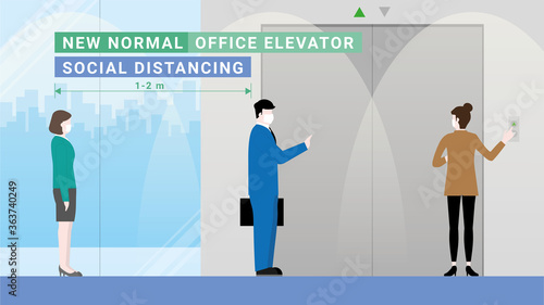 New normal lifestyle. Social distancing in the office lift hall.