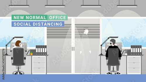 New normal lifestyle. Social distancing in the office workplace. Space between desk.