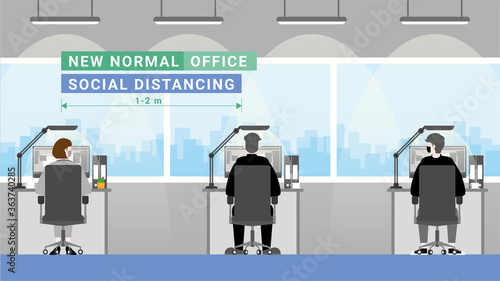 New normal lifestyle. Social distancing in the office workplace. Space between desk.