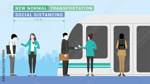 New normal lifestyle. Business people standing in the queue lines for thermal checkpoint and hand sanitizing before going to work by public transportation.