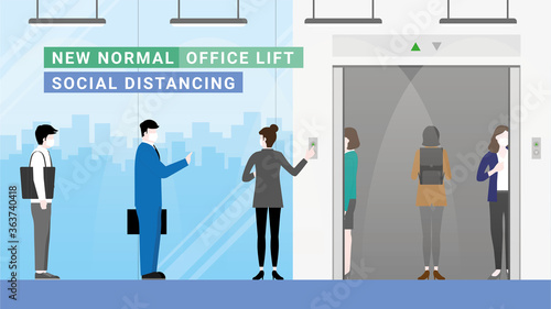 New normal lifestyle. Social distancing in the office lift hall.