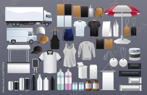 transport vehicles with mockup ,branding and stationery set icons
