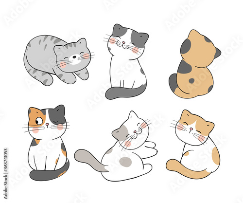 Canvas Print Draw collection baby cat on white.Different poses.
