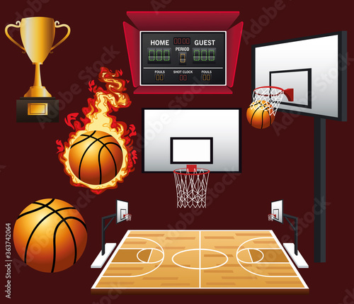 basketball sport poster with balloon on fire and basket