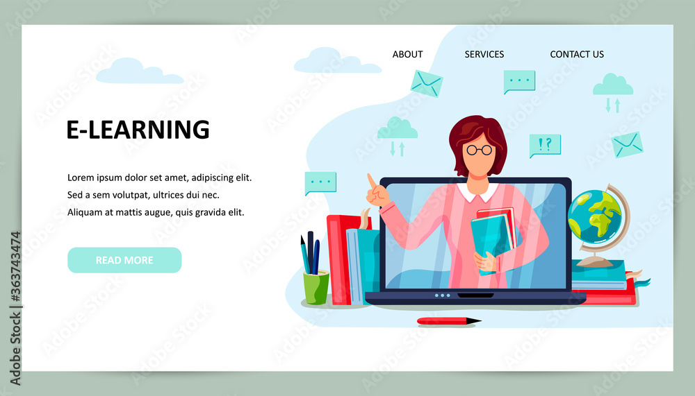 Online education, home schooling concept. Female teacher on laptop screen. Place for text. Website design. Flat cartoon style design vector illustration.