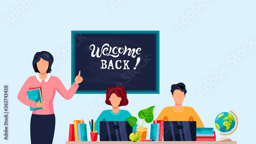 Female teacher and students is studing on computer. Welcome back hand drawn lettering. Place for text. Flat cartoon style design vector illustration.
