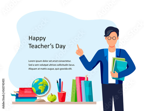 Happy Teacher's day. Smiling male teacher with books. Place for text. Vector illustration. Flat cartoon style design.