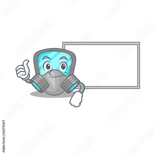 Respirator mask cartoon design with Thumbs up finger bring a white board © kongvector