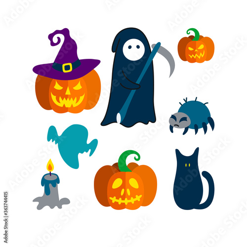 Set of Halloween objects. The Death, pumpkin in witch hat, ghost silhouette, black cat with shining eyes, candle and a cranky spider. Vector illustration in white background