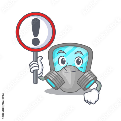A cartoon icon of respirator mask with a exclamation sign board © kongvector