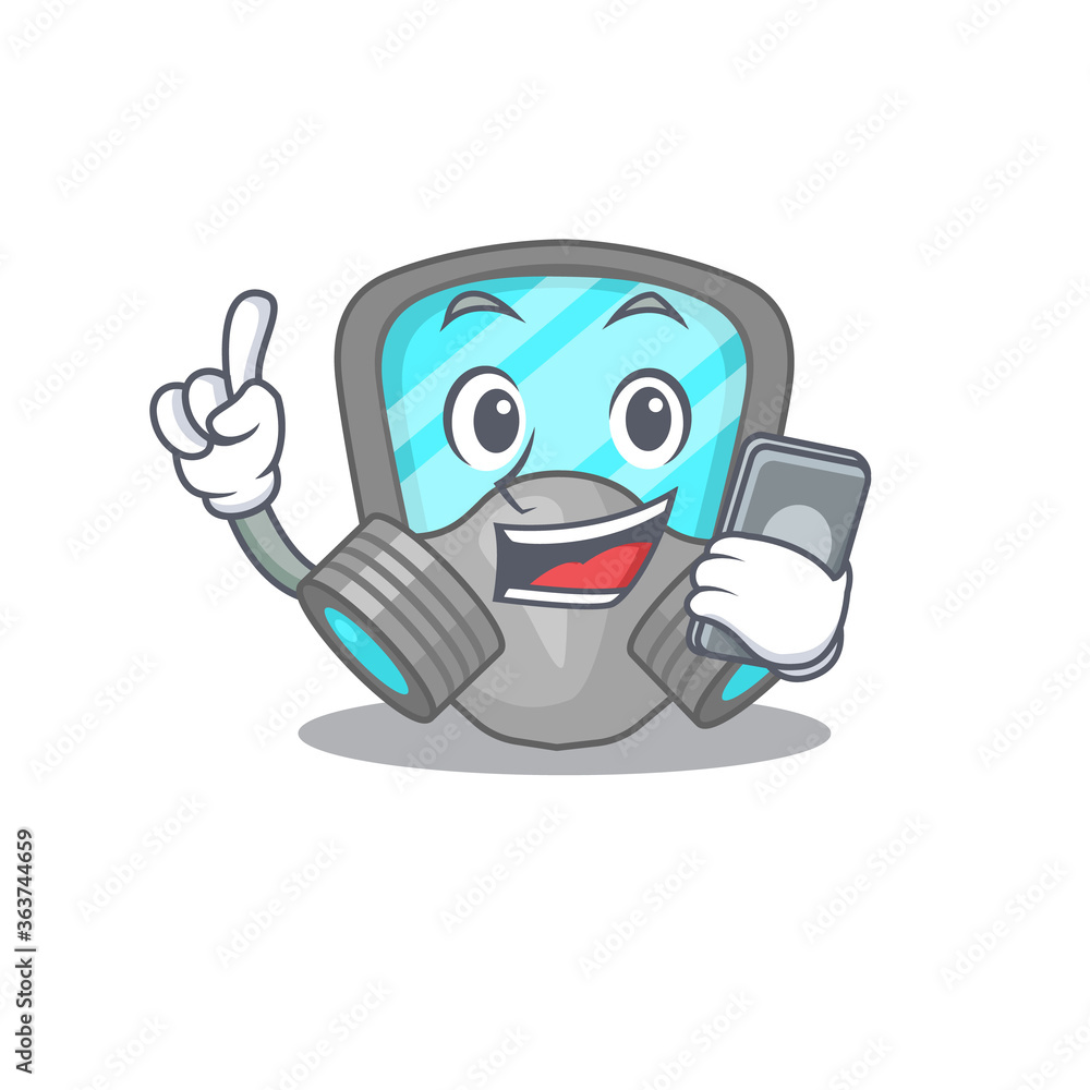 Respirator mask caricature character speaking with friends on phone Respirator mask caricature character speaking with friends on phone