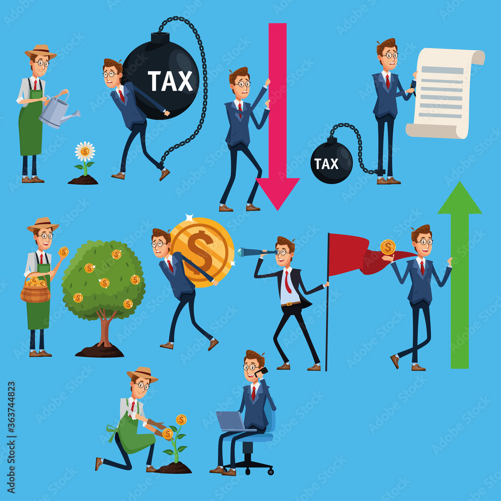elegants businessmen with tax shackle and financial icons elegants businessmen with tax shackle and financial icons