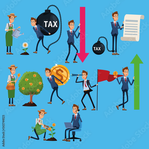elegants businessmen with tax shackle and financial icons
