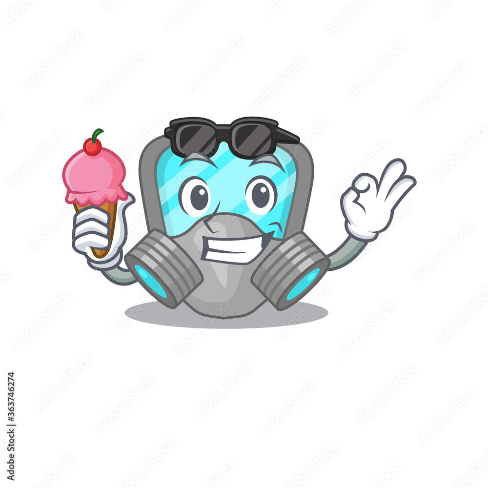 A cartoon drawing of respirator mask holding cone ice cream