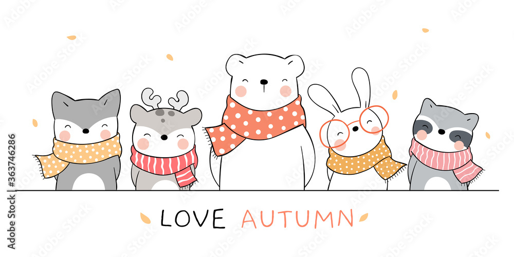 Draw banner happy animals for autumn season. Stock Vector | Adobe Stock Draw banner happy animals for autumn season. Stock Vector | Adobe Stock