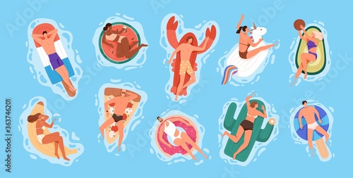Set of resting people sunbathe on rubber rings, in sea or swimming pool. Inflatable circle of avocado, bite donut, unicorn, crab, banana, watermelon shapes in cartoon flat vector illustration
