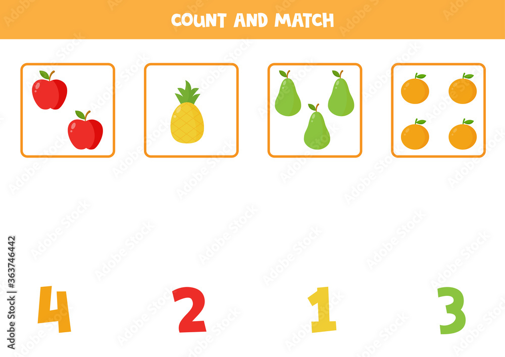 Counting game for kids. Matching worksheet. Vector fruits. Counting game for kids. Matching worksheet. Vector fruits.