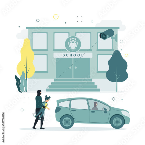 Video monitoring. Vector illustration of kidnapping a child from school. A surveillance camera shoots as a masked man drags a girl from school to a car, in which another criminal