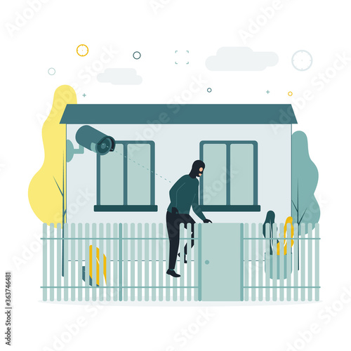 Video monitoring. A vector illustration of a masked man climbing over a fence, a surveillance camera is shooting this. The camera shoots as a man in a mask climbs through the fence of a house