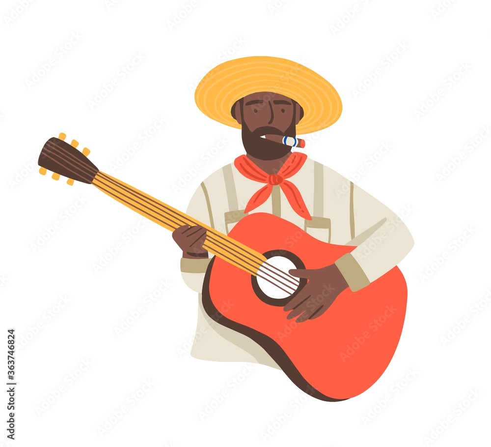 Cuba national dark skin artist, musician man with black beard and guitar.  Vintage guitarist with Cuban cigar play traditional music in flat cartoon  vector illustration isolated on white background Stock Vector