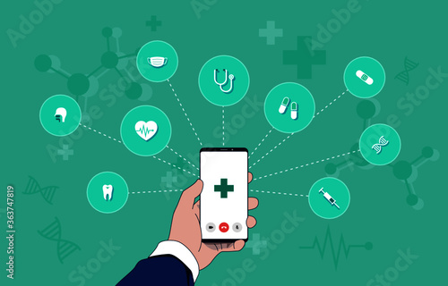 Telemedicine illustration: health care service, online medicine with smartphone, medical consultation with doctor by videocall, hand holding mobile phone