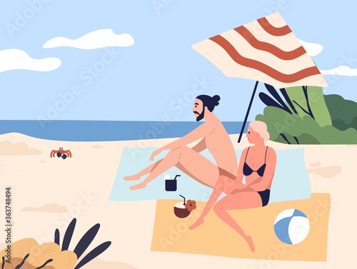 Relaxing people at seashore, couple sunbathing on beach. Woman and man sit, talk, chill. Lounge time at the seaside. Summer vacation, relaxation under umbrella in flat cartoon vector illustration