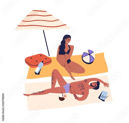 Relaxing people, romantic couple sunbathing on beach. Woman and man smiling, talking. Summer vacation, chill, lounge, rest under umbrella in cartoon flat illustration isolated on white background