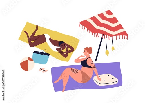 Body positive woman couple sunbathing on beach vacation in bikini. Girls chill, people talk. Female friendship, relax under umbrella in cartoon flat vector illustration isolated on white background