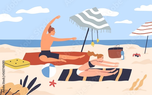 Yoga couple at seashore. Active people do fitness at beach. Woman and man sunbathing on vacation. Physical exercise, stretching at the seaside. Wellness, training in cartoon flat vector illustration.