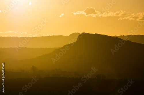 Evening silhouette of Ngungun in the Glasshouse Mountains, Sunshine Coast, Australia.
