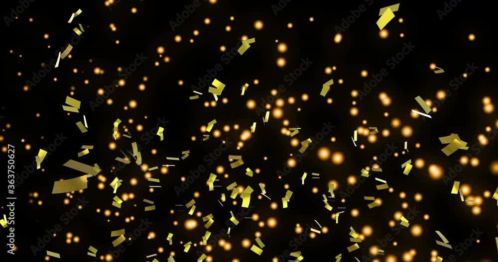 Golden confetti and glowing spots moving against black background Golden confetti and glowing spots moving against black background