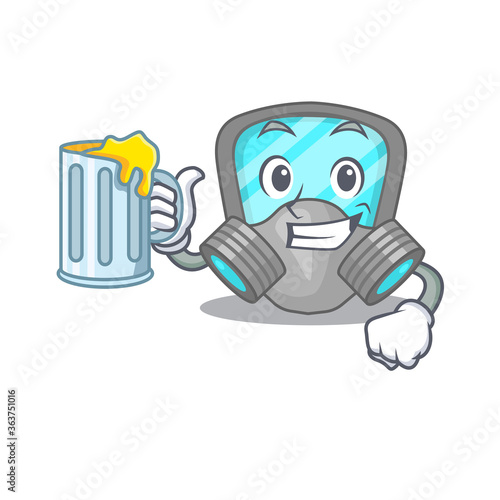 A cartoon concept of respirator mask with a glass of beer
