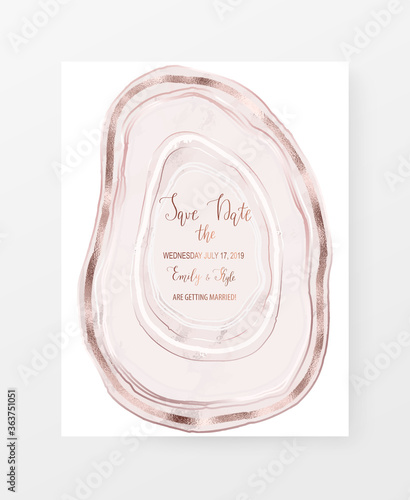 Crystal rose quartz gemstone slice wedding invitation template.