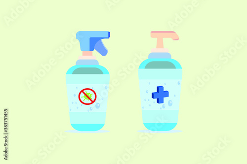 Hand sanitizer bottle with two variant models, spray and drops in blue as a prevention against bacteria and viruses