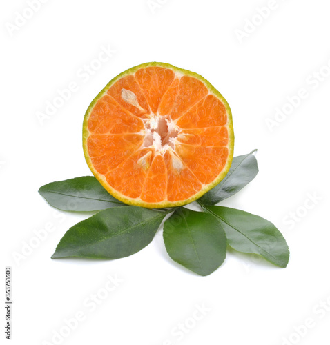 tangerine or mandarin fruit with leaves isolated on white background