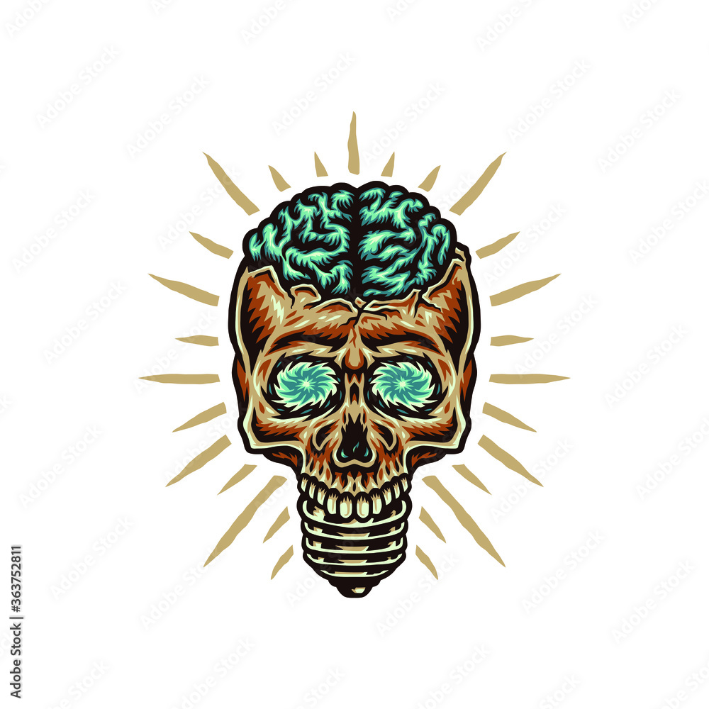 Skull shaped lamp with brain, hand drawn line style with digital color, vector illustration
