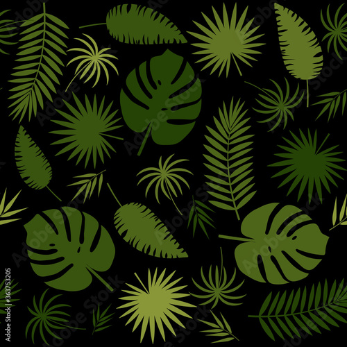 pattern with tropical leaves of monstera, palm and bamboo green on a black background, color vector illustration, design, decoration, print, texture, banner