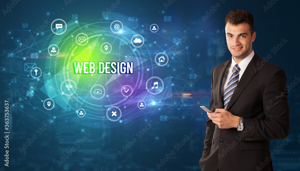Businessman thinking in front of technology related icons and WEB DESIGN inscription, modern technology concept Businessman thinking in front of technology related icons and WEB DESIGN inscription, modern technology concept