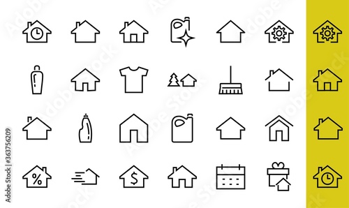 Simple set of line vector home icons. Contains house symbols at interest, infuse house and more. Editable stroke. 480x480 pixels perfect