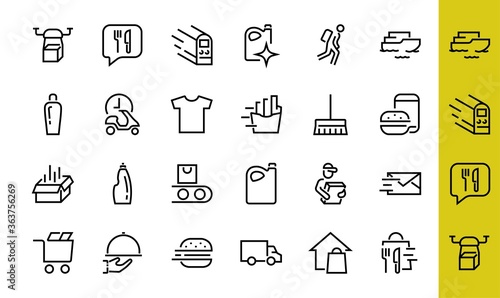 PIZZA DELIVERY, and Food Icon Set Vector thin line, contains courier, home delivery, food ordering, fast transport, drone, ship, car, editable stroke. ICONS circuits